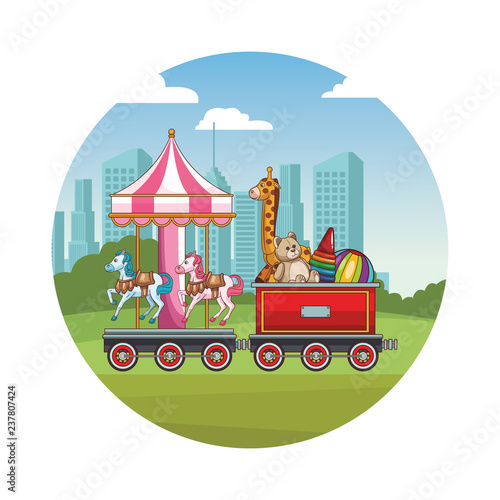 Fototapeta Naklejka Na Ścianę i Meble -  Train wagon with toys and carrousel