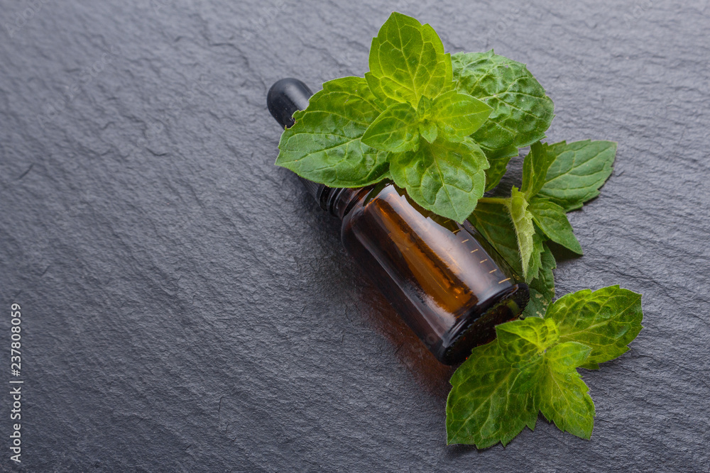 essential oil of peppermint on a dark stone background essential oil of peppermint on a dark stone background
