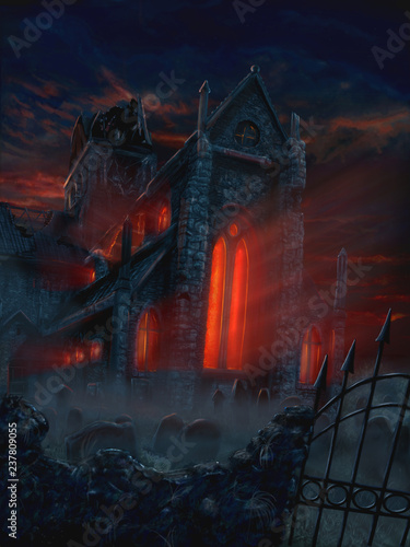 Digital fantasy painting or illustration of terrifying and mysterious church and graveyard. Red evil light is coming from church windows. Frightening Halloween scene.