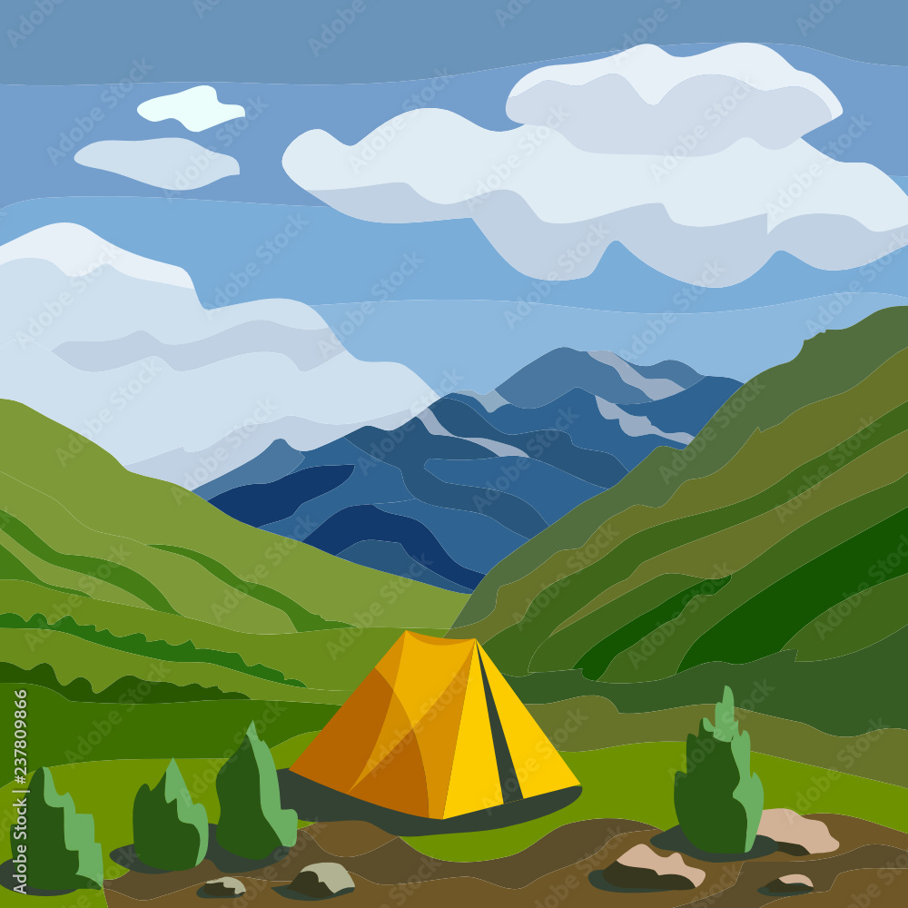Tourist camping on mountain landscape