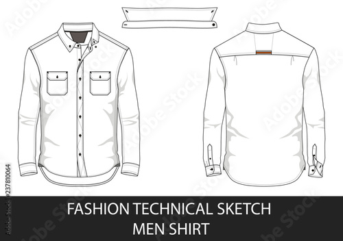 Fashion technical sketch men shirt with long sleeves and patch pockets in vector.