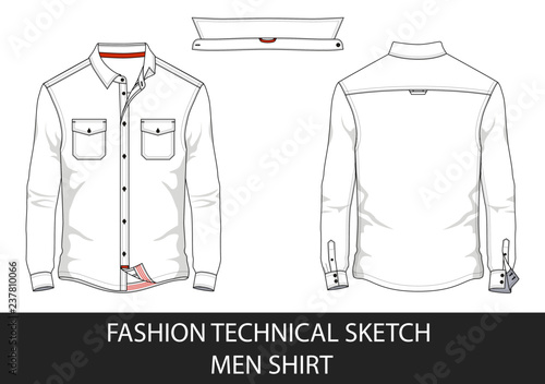 Fashion technical sketch men shirt with long sleeves and patch pockets in vector.