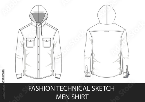Fashion technical sketch men shirt with long sleeves, hood  and patch pockets in vector.