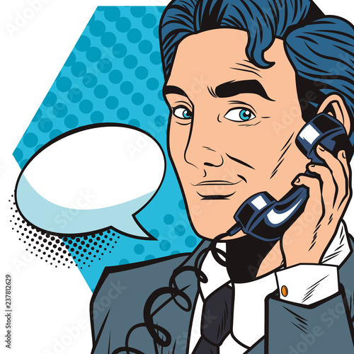 pop art businessman cartoon with speech bubble