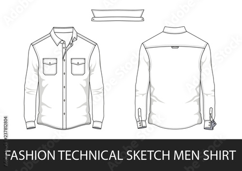 Fashion technical sketch men shirt with long sleeves and patch pockets in vector.