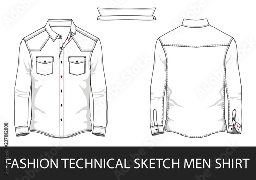 Fashion technical sketch men shirt with long sleeves and patch pockets in vector.