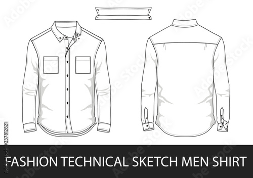 Fashion technical sketch men shirt with long sleeves and patch pockets in vector.