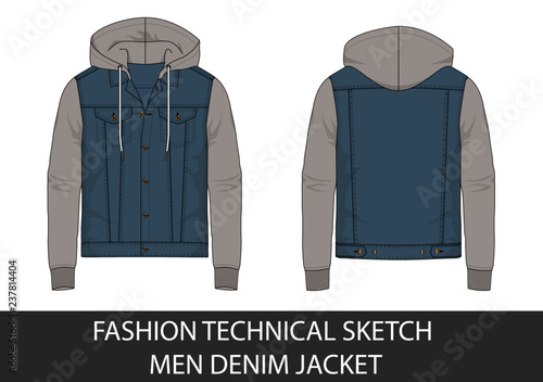 Fashion technical sketch men demin jacket with hood in vector graphic