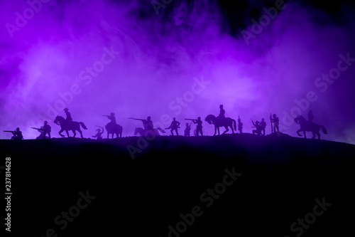 American Civil War Concept. Military silhouettes fighting scene on war fog sky background. Attack scene.