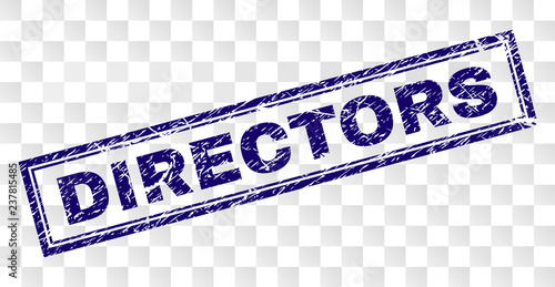 DIRECTORS stamp seal imprint with rubber print style and double framed rectangle shape. Stamp is placed on a transparent background. Blue vector rubber print of DIRECTORS tag with dust texture.