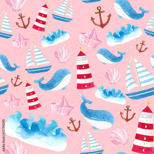 seamless watercolor hand draw background mix sea elements sea wave sailboat  Whale lighthouse anchor shellfish