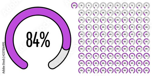 Set of circular sector percentage diagrams (meters) from 0 to 100 ready-to-use for web design, user interface (UI) or infographic - indicator with purple