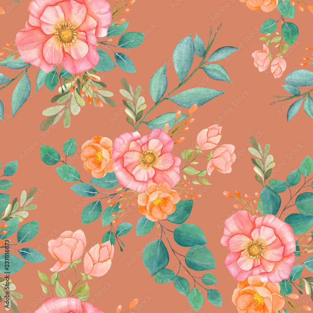 Obraz premium seamless watercolor background mix colorful floral flower and leaves with line art used for background texture, wrapping paper, textile or wallpaper design