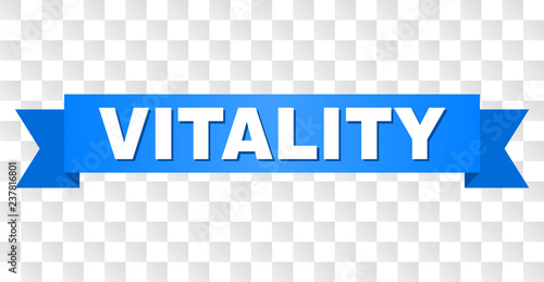 VITALITY text on a ribbon. Designed with white title and blue tape. Vector banner with VITALITY tag on a transparent background.