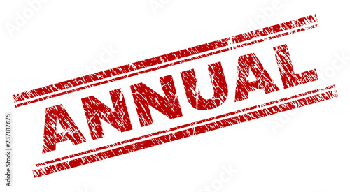 ANNUAL seal imprint with grunge style. Red vector rubber print of ANNUAL text with grunge texture. Text label is placed between double parallel lines.