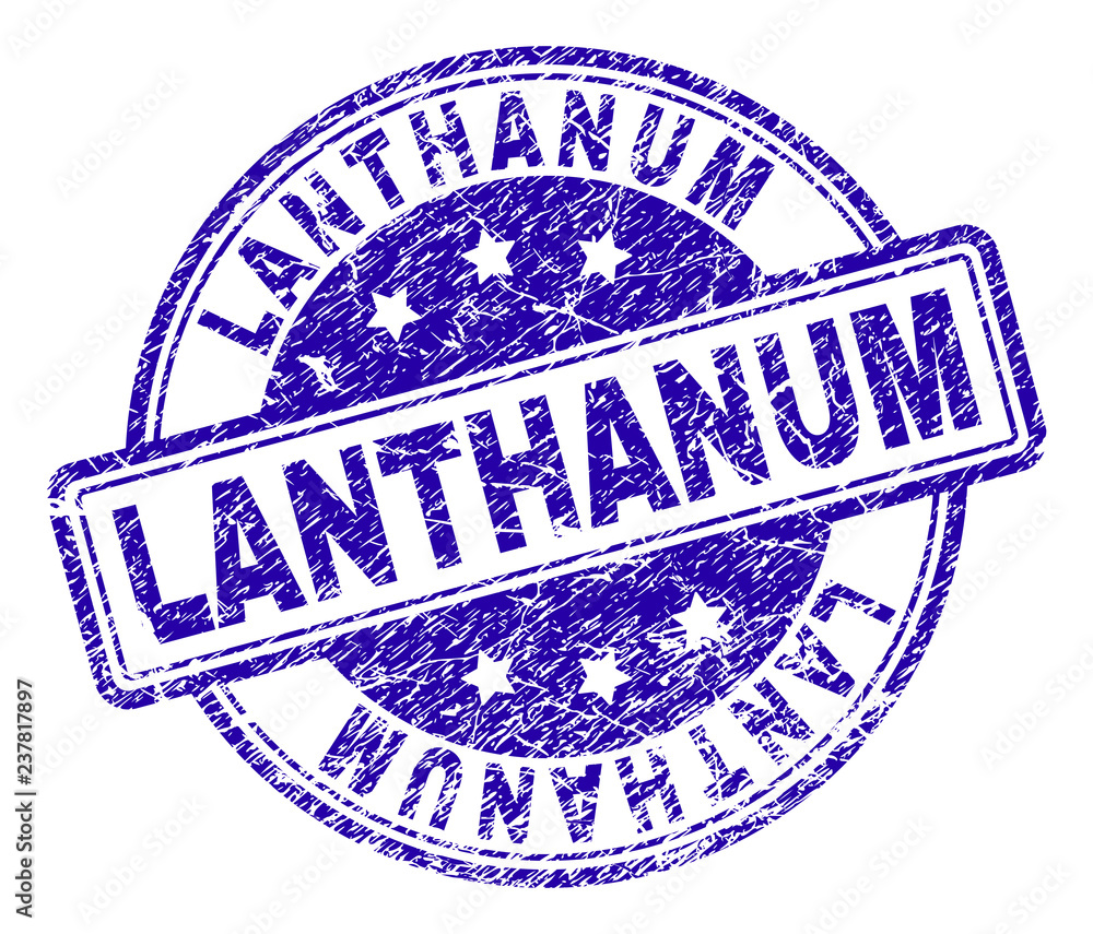 LANTHANUM stamp seal watermark with grunge texture. Designed with rounded rectangles and circles. Blue vector rubber print of LANTHANUM label with retro texture. LANTHANUM stamp seal watermark with grunge texture. Designed with rounded rectangles and circles. Blue vector rubber print of LANTHANUM label with retro texture.