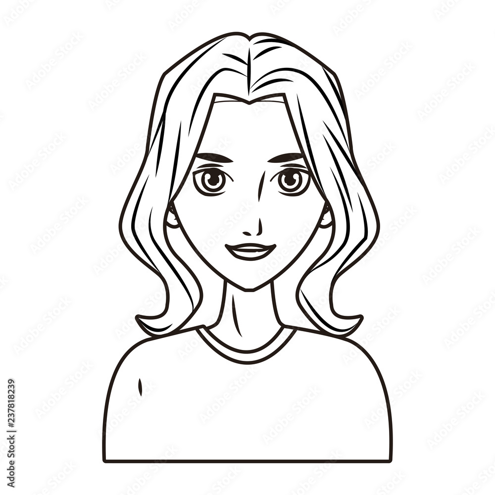 young woman face cartoon in black and white