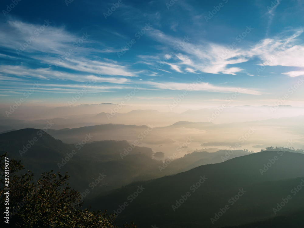 aerial view of magical sunrise in the mountains