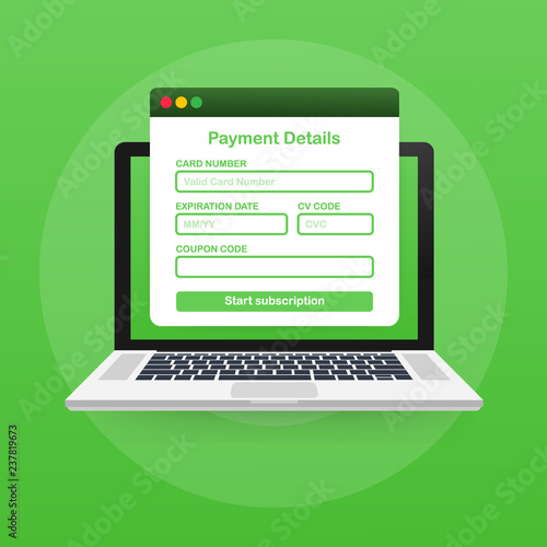 Online payment form. Online digital invoice on laptop. Vector illustration.