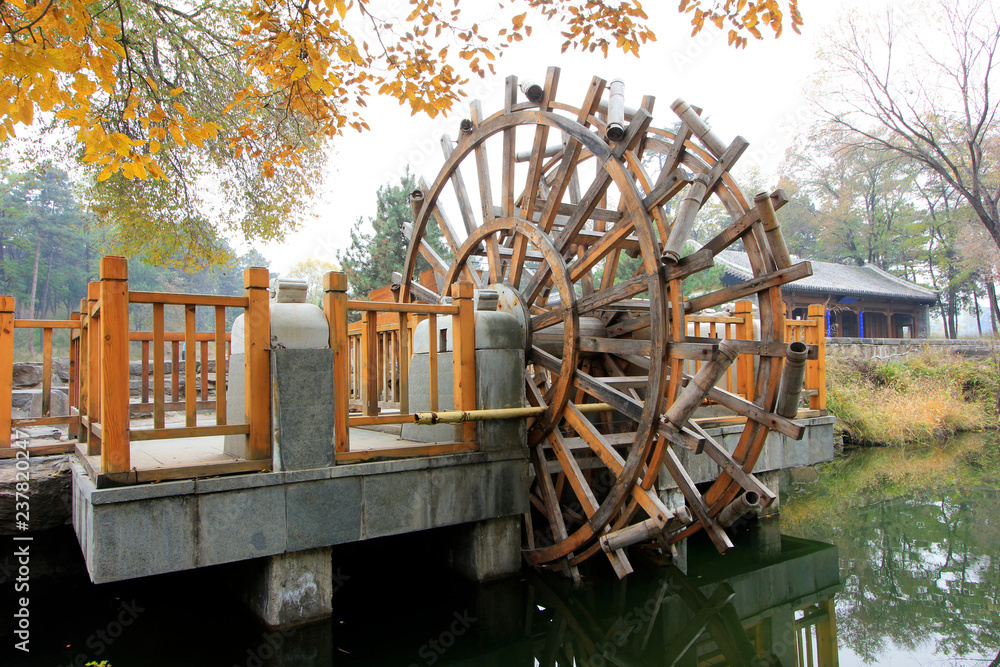 Chinese traditional style water wheel in chengde mountain resort, China