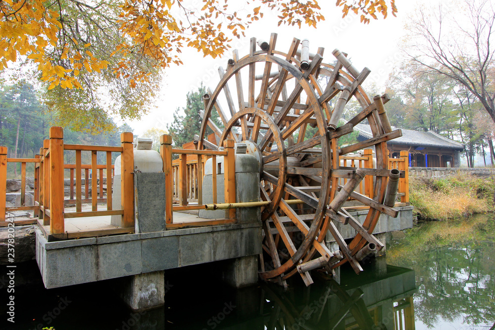 Chinese traditional style water wheel in chengde mountain resort, China Chinese traditional style water wheel in chengde mountain resort, China