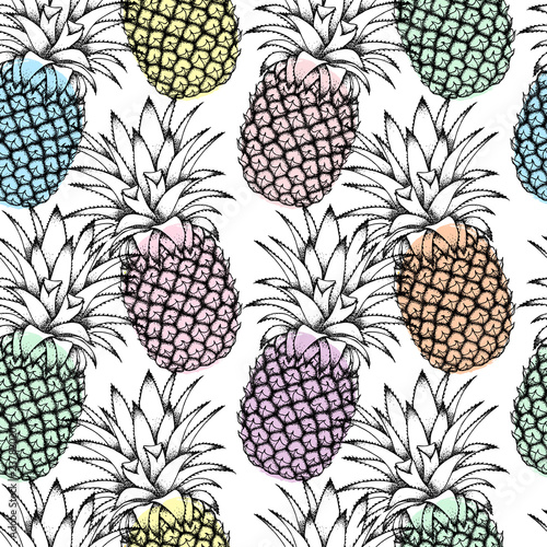 Black sketch pineapples on white background with colorful watercolor splashes. Vector seamless pattern.