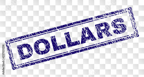 DOLLARS stamp seal watermark with rubber print style and double framed rectangle shape. Stamp is placed on a transparent background. Blue vector rubber print of DOLLARS text with unclean texture.