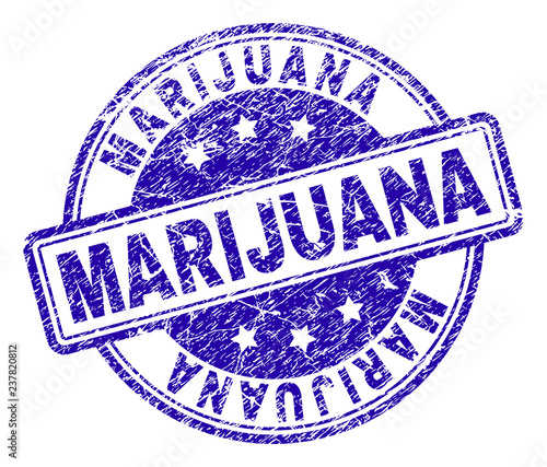 MARIJUANA stamp seal watermark with grunge style. Designed with rounded rectangles and circles. Blue vector rubber print of MARIJUANA caption with grunge texture.