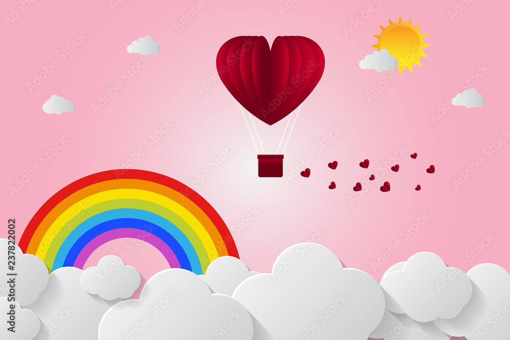 Valentine's day balloons in a heart shaped flying over grass view background, paper art style. vector illustrator