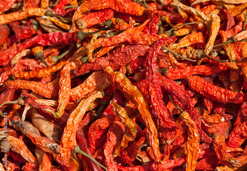 Pile of red dry chili pepper at a market in India Pile of red dry chili pepper at a market in India