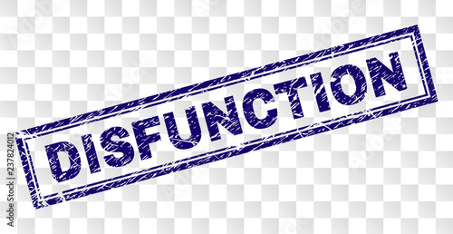 DISFUNCTION stamp seal print with scratched style and double framed rectangle shape. Stamp is placed on a transparent background. Blue vector rubber print of DISFUNCTION text with scratched texture.