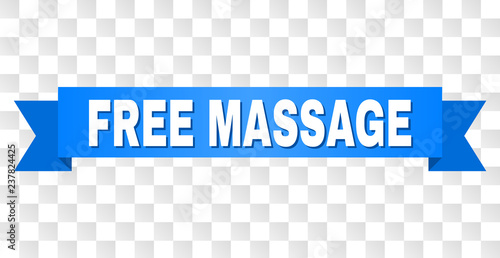 FREE MASSAGE text on a ribbon. Designed with white title and blue tape. Vector banner with FREE MASSAGE tag on a transparent background.