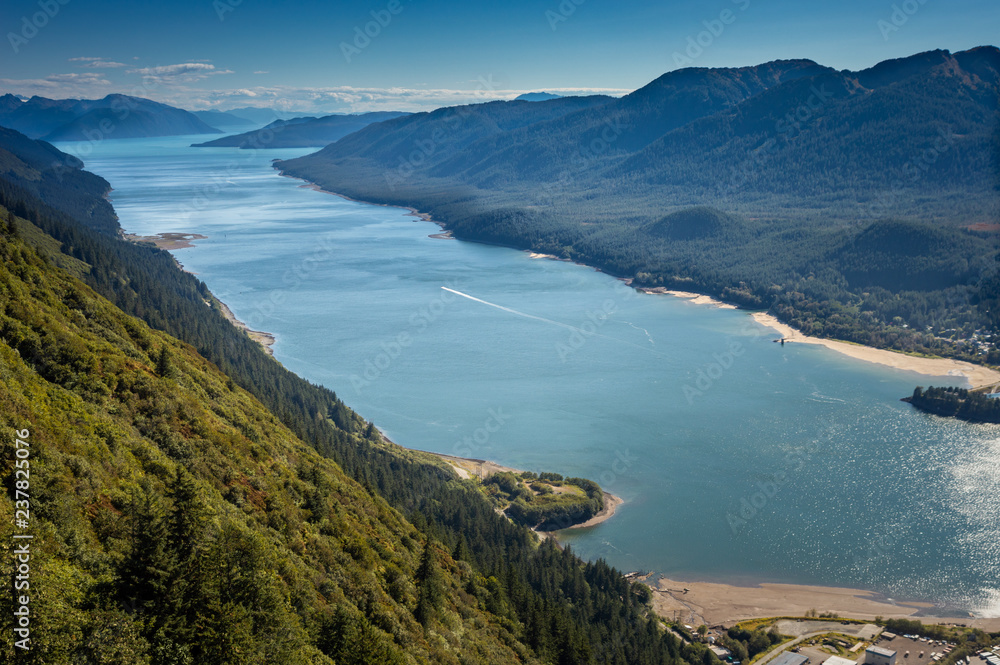 South facing view of Gastineau Channel from Mount Roberts, Juneau, Alaska, USA.