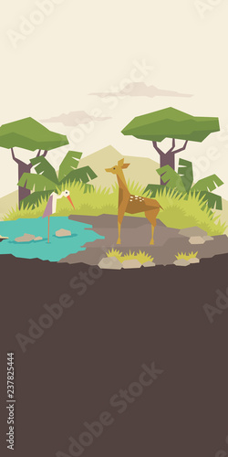 Vector illustration of deer near water in geometric flat style.
