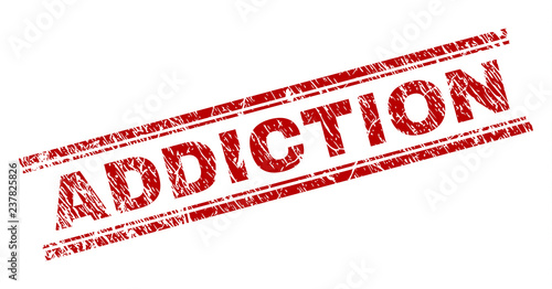 ADDICTION seal print with grunge effect. Red vector rubber print of ADDICTION title with grunge texture. Text tag is placed between double parallel lines.