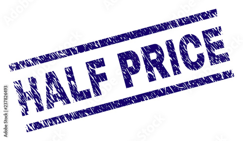 HALF PRICE seal imprint with scratced style. Blue vector rubber print of HALF PRICE label with dirty texture. Text label is placed between parallel lines.