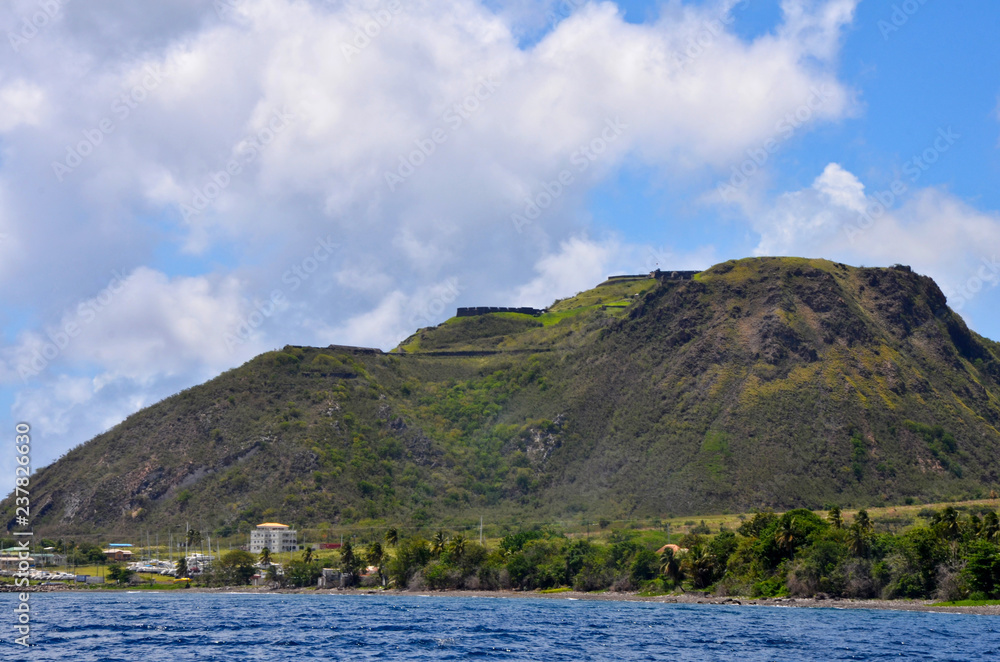 The view of Brimstone Hill Fortress National Park in St. Kitts from the ocean

