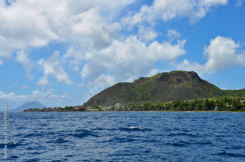 The view of Brimstone Hill Fortress National Park in St. Kitts from the ocean
