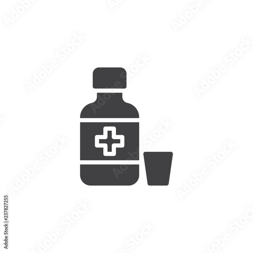 Medical syrup bottle vector icon. filled flat sign for mobile concept and web design. Medicine and measuring cup simple solid icon. Cough remedy symbol, logo illustration. Vector graphics