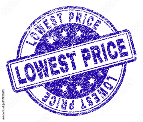 LOWEST PRICE stamp seal imprint with grunge effect. Designed with rounded rectangles and circles. Blue vector rubber print of LOWEST PRICE text with dust texture.