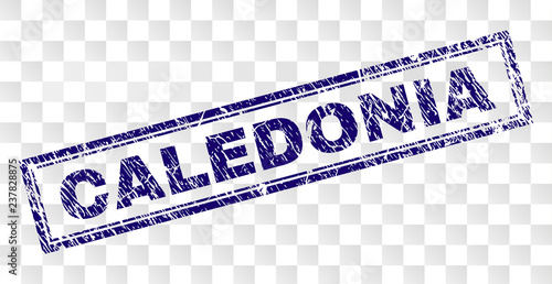 CALEDONIA stamp seal watermark with rubber print style and double framed rectangle shape. Stamp is placed on a transparent background. Blue vector rubber print of CALEDONIA title with unclean texture.
