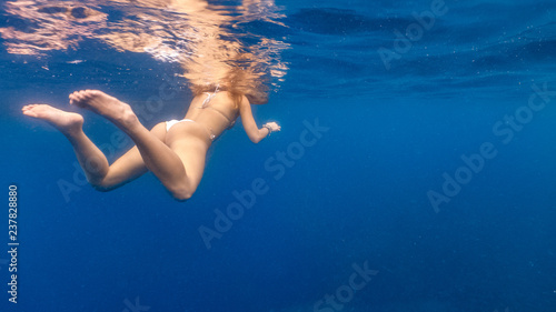 Skin diving with school of sardines in sexy bikini