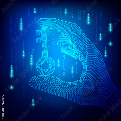 wireframe hand holding wireframe key with dark-blue binary background, concept of digital security