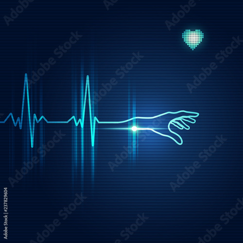 pulse sign combined with hand reaching on device screen in futuristic style