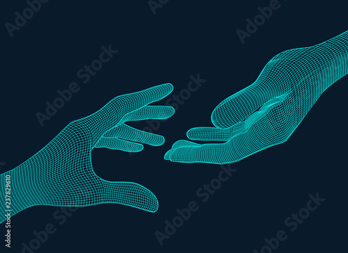 blue wireframe hands reaching to each other
