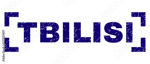TBILISI text seal print with corroded texture. Text tag is placed inside corners. Blue vector rubber print of TBILISI with retro texture.