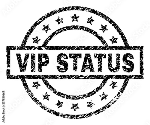 VIP STATUS stamp seal watermark with distress style. Designed with rectangle, circles and stars. Black vector rubber print of VIP STATUS caption with unclean texture.