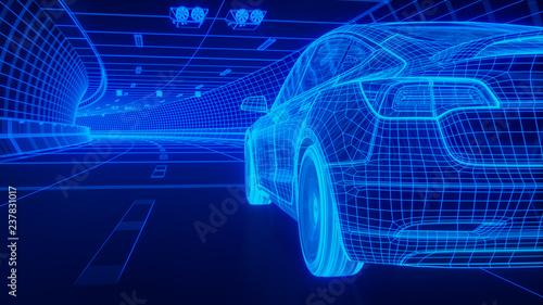 Blue wireframe Modern Electric car rides through Blue tunnel 3d rendering