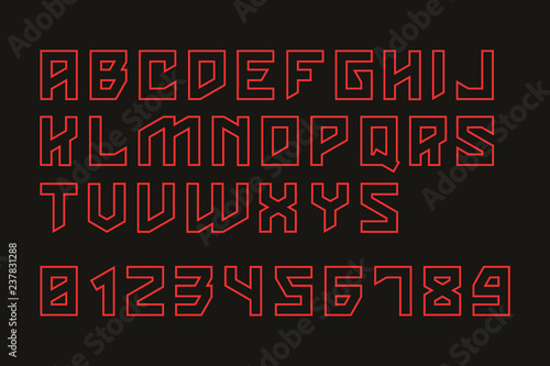 Hard font. Vector alphabet with latin letters and numbers.