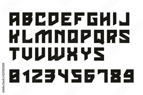 Hard font. Vector alphabet with latin letters and numbers.